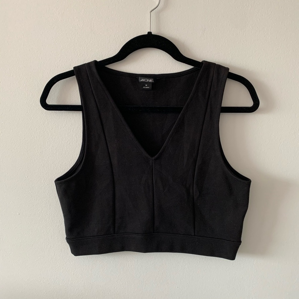 Monki Monique tank top black panelled crop top size medium V neck deep armholes